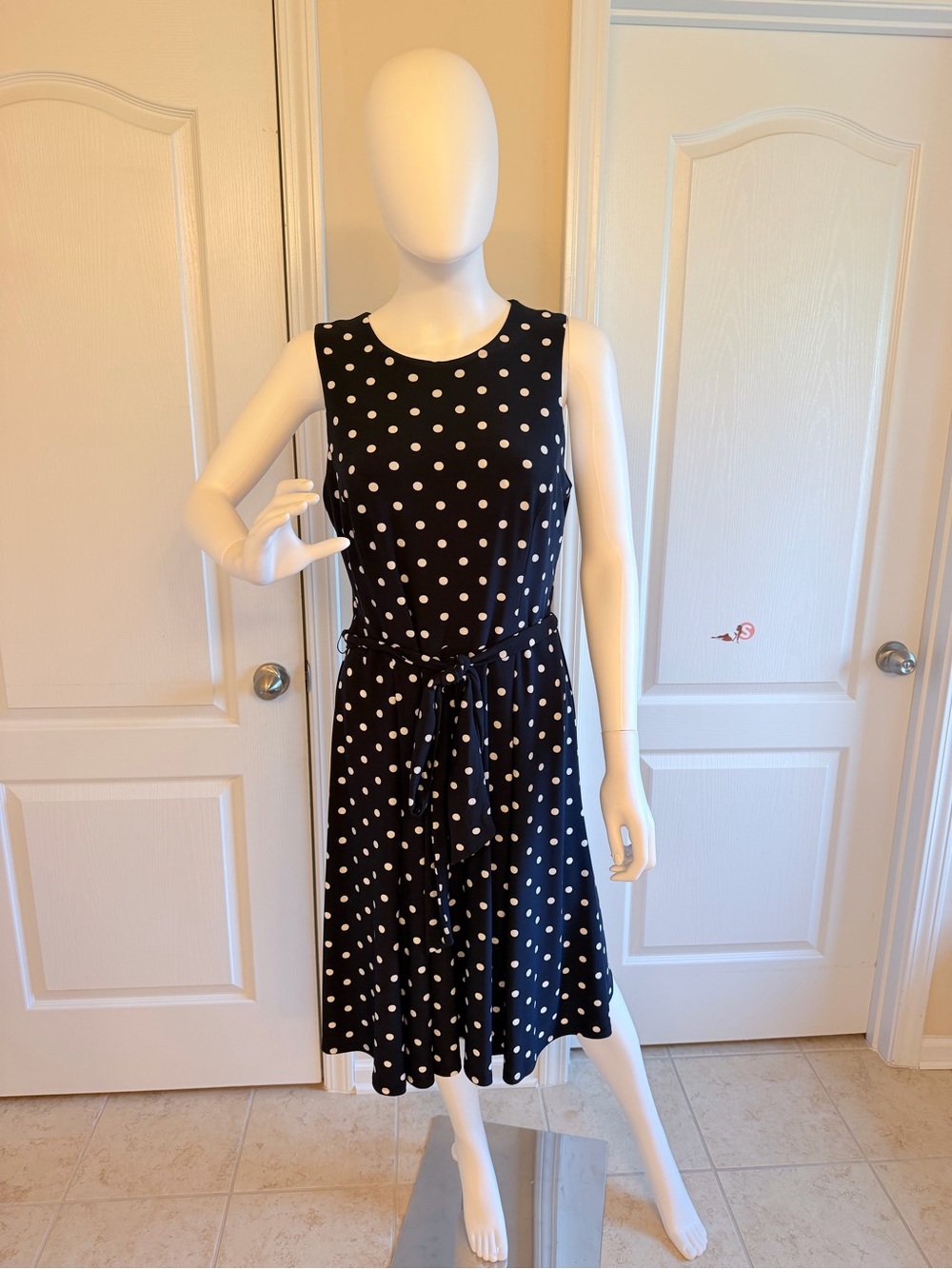Ralph Lauren Y2K Blue/White Sleeveless Polka Dot Tie-Waist Midi Dress Size 10